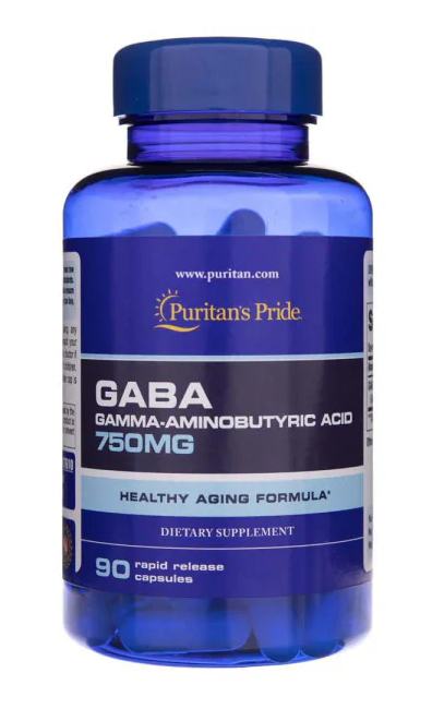 Un frasco de Puritan's Pride GABA 750 mg 90 cáps. Suplemento con 750 mg de ácido gamma linolénico.