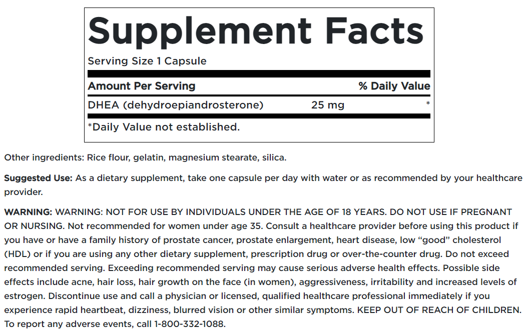 Etiqueta del suplemento Swanson con información sobre la DHEA - Alta Potencia - 25 mg 120 cápsulas.
