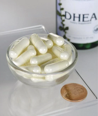 Thumbnail for Un frasco de Swanson DHEA - Alta Potencia - 25 mg 120 cápsulas en un cuenco junto a un penique.