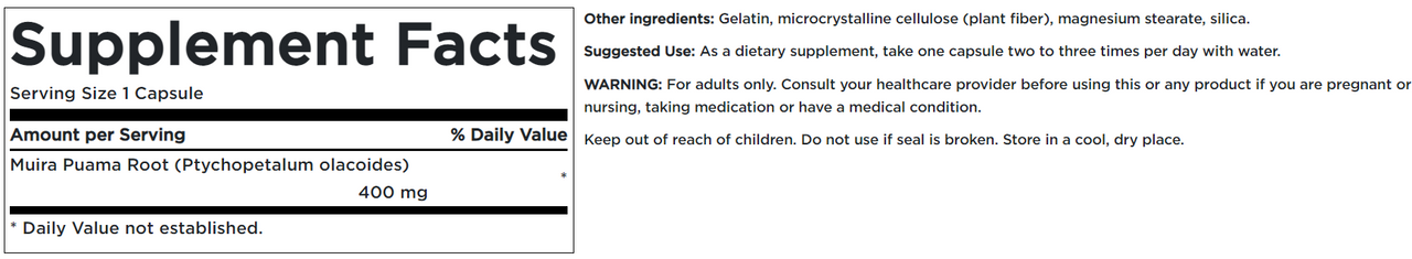 Etiqueta de un suplemento Swanson Muira Puama Espectro Completo - 400 mg 90 cápsulas.