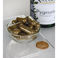 Miniatura de Swanson Pygeum - 500 mg 100 cápsulas en un cuenco junto a una botella de Swanson Pygeum para la salud de la próstata.