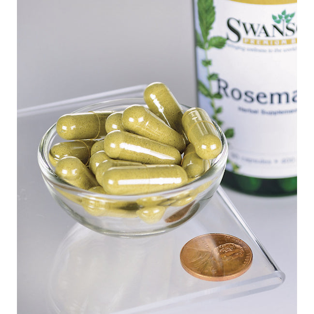 Un cuenco con un frasco de Swanson Romero - 400 mg 90 cápsulas, una hierba rica en antioxidantes, y un penique.