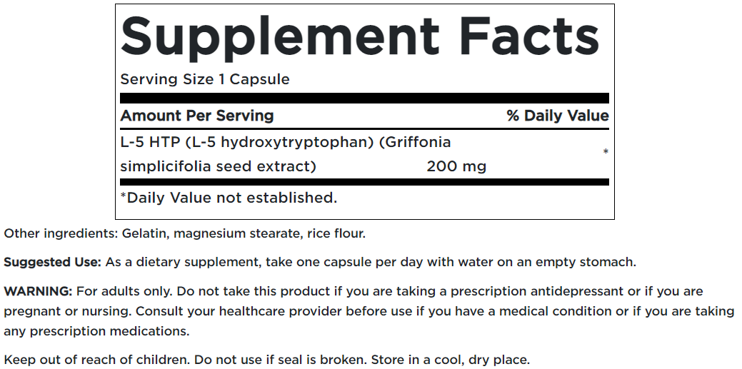 Etiqueta del suplemento 5-HTP Maximum Strength 200 mg 60 Capsules de Swanson.