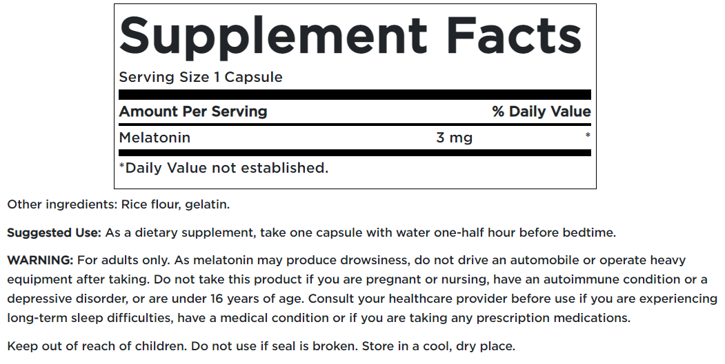 Etiqueta del suplemento Swanson Melatonina - 3 mg 120 cápsulas.