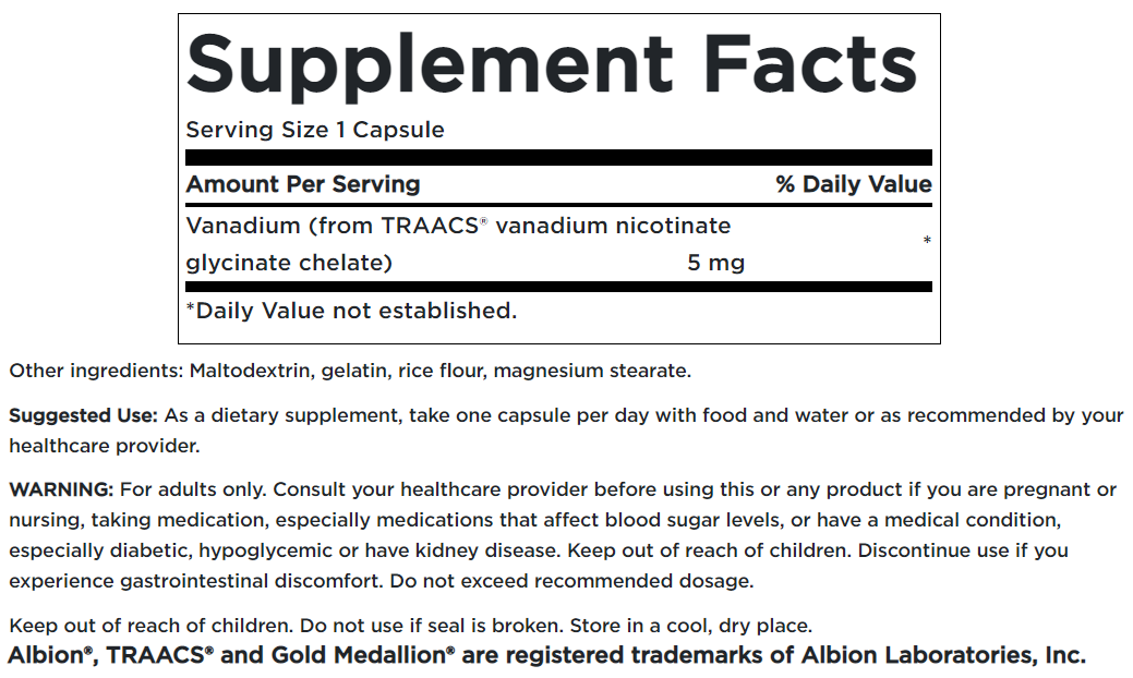 Una etiqueta para Swanson Albion Vanadium Chelated - 5 mg 60 capsules supplement.