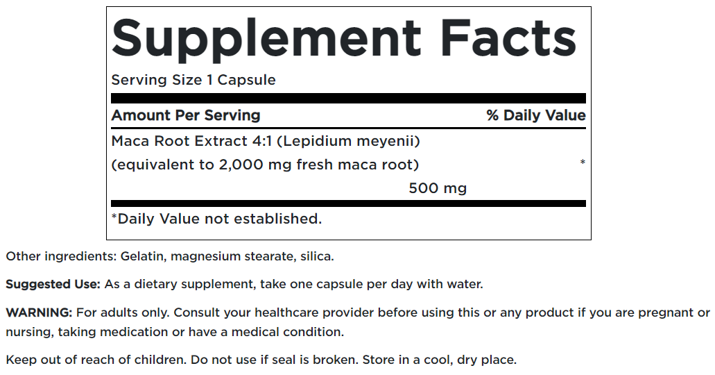 Etiqueta del suplemento Swanson's Maca - 500 mg 60 cápsulas.